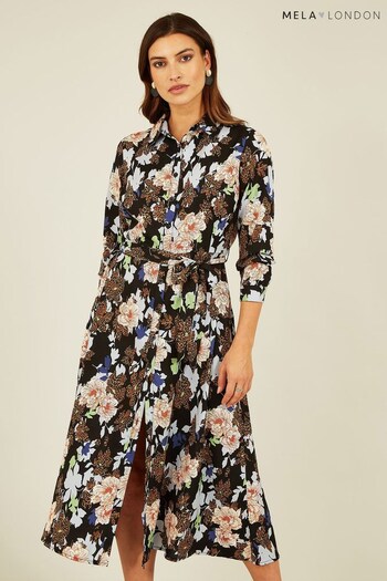 Mela Black Floral and Animal Print Long Sleeve Midi Shirt Dress (458715) | £45