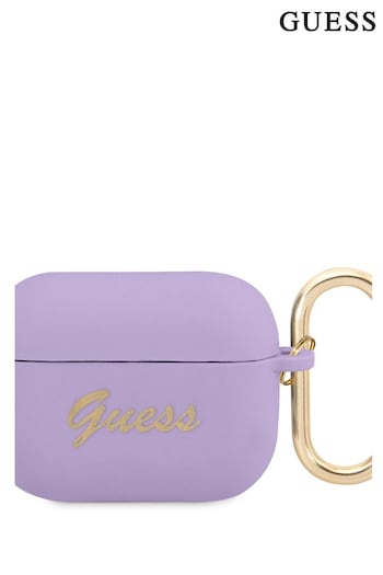 Guess Purple Silicone Script Logo Airpods Case with Metal Hook (459126) | £26