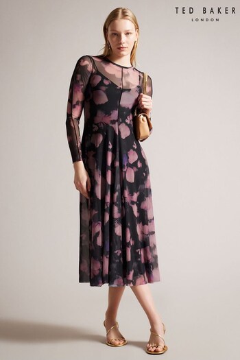 Ted Baker Samiyah Long Sleeve Mesh Midi Black Dress (460710) | £125