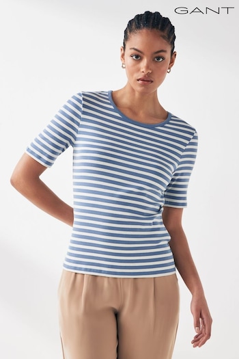 GANT Blue Breton Striped Cotton Stretch Ribbed T-Shirt (461150) | £50