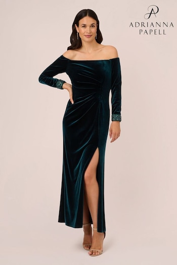 Adrianna Papell Green Velvet Off The Shoulder Gown (461595) | £259
