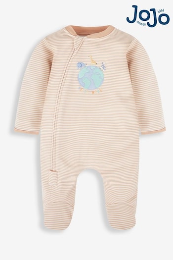 JoJo Maman Bébé Natural Hello World Embroidered Cotton Zip Baby Sleepsuit (461811) | £21