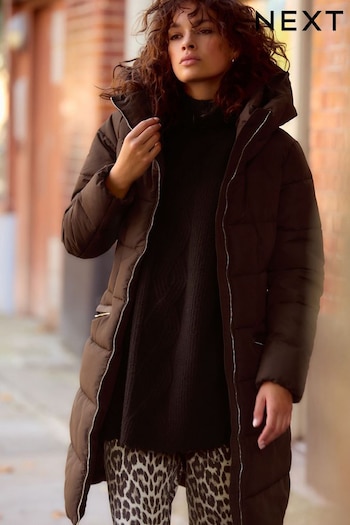 Chocolate Brown Shower Resistant Padded Puffer Hooded Mid Length Coat (462084) | £64