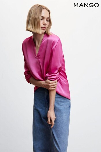 Mango Pink Satin V-Neck Blouse (462108) | £36