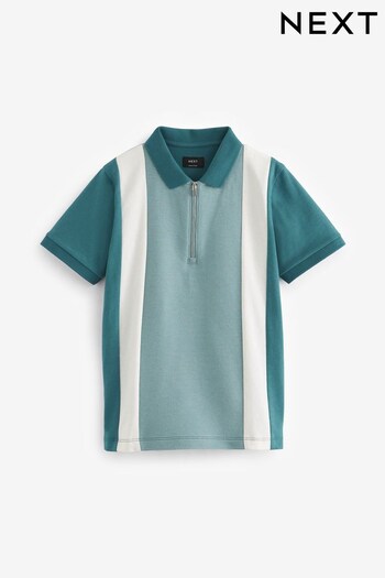 Green Vertical Colourblock Short Sleeve Zip Neck Polo Shirt (3-16yrs) (462715) | £16 - £21
