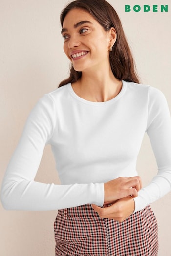 Boden White Cotton Ribbed Long Sleeve Top (462944) | £35