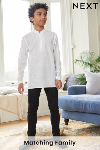 White Shirt Length Embroidered Boys Kurta (3-16yrs) (463032) | £15 - £20