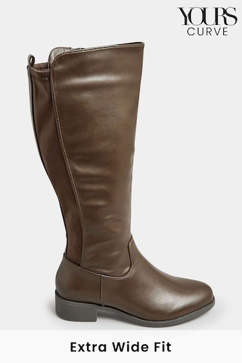 Yours Curve Brown Extra Wide Fit Stretch PU Knee tear Boots (463045) | £43