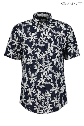 GANT Regular Fit Palm Print Cotton Linen Short Sleeve Shirt (463863) | £95