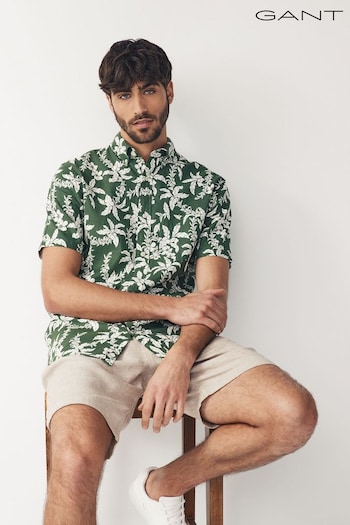 GANT Regular Fit Palm Print Cotton Linen Short Sleeve Shirt (464137) | £95