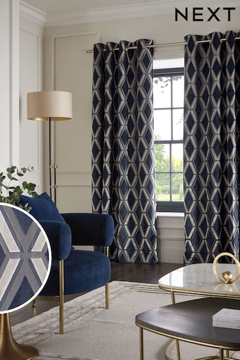 Navy Blue Collection Luxe Heavyweight Geometric Cut Velvet Lined Eyelet Curtains (465431) | £175 - £350