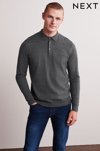 Charcoal Grey Regular Knitted Long Sleeve Polo Shirt (465771) | £28