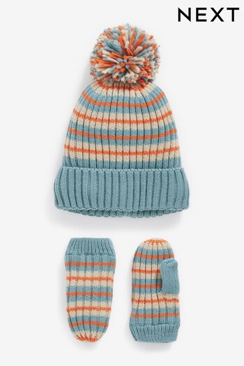 Blue/Orange Stripe Hat and Mitten Set (3mths-10yrs) (465970) | £12 - £14