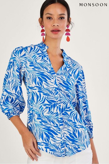 Monsoon Blue Florence Leaf Print Blouse in Sustainable Viscose (466095) | £55