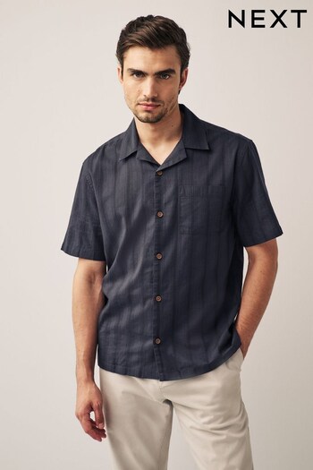 Navy Blue Seersucker Stripe Short Sleeve Shirt (466149) | £30