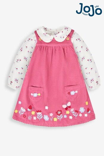 JoJo Maman Bébé Pink Floral Embroidered Cord Pinafore Dress & Top Set (466174) | £29.50