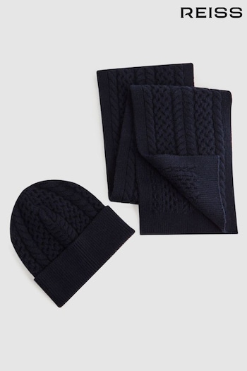 Reiss Navy Heath Teen Knitted Scarf and Beanie Hat Set (466224) | £38