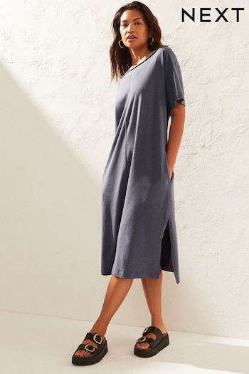 Blue Slash Neck Jersey Summer Dress With Linen (466743) | £32