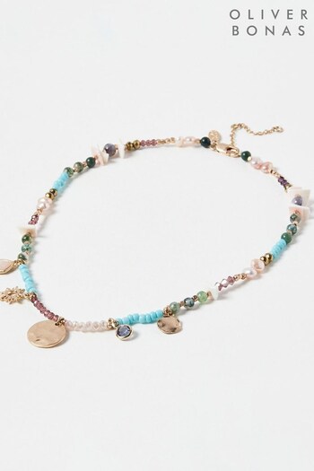Oliver Bonas Blue Cora Multi Charm Bead MOP & Pearl Necklace (467979) | £29.50