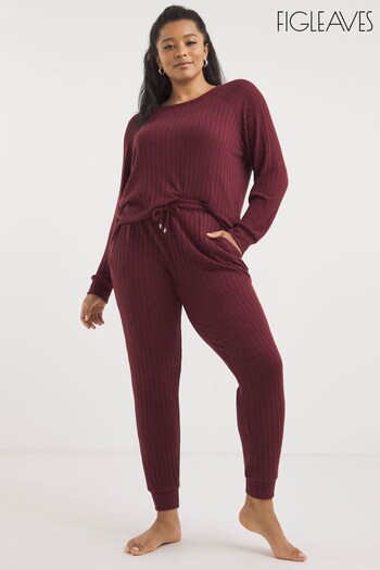 Figleaves Red Blackcurrent Super Soft Ribbed Knit and Rope Joggers Pyjamas Set (468115) | £36