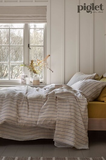 Piglet in Bed Dusk Blue Ticking Stripe Set of 2 Linen Pillowcases (468649) | £55