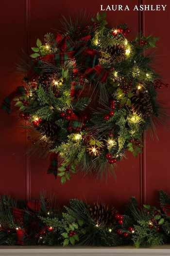Laura Ashley Red/Green Pre-Lit LED Bow Christmas 24" Wreath (470078) | £70