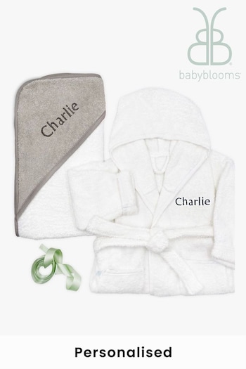 Babyblooms Personalised Grey Bathrobe with Luxury Hooded Towel (470332) | £60