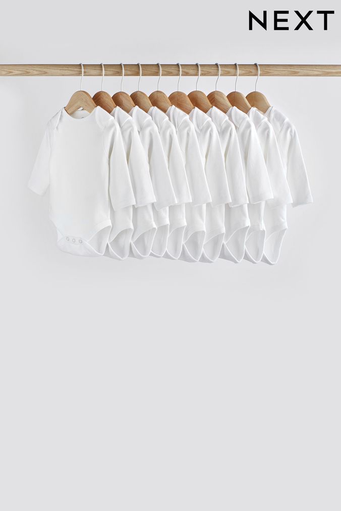 White White 10 Pack Essential Baby Long Sleeve Bodysuits (470415) | £20 - £22