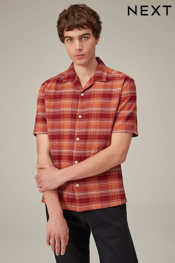 Red Textured Check Short Sleeve Shirt With Cuban Collar (470585) | £30