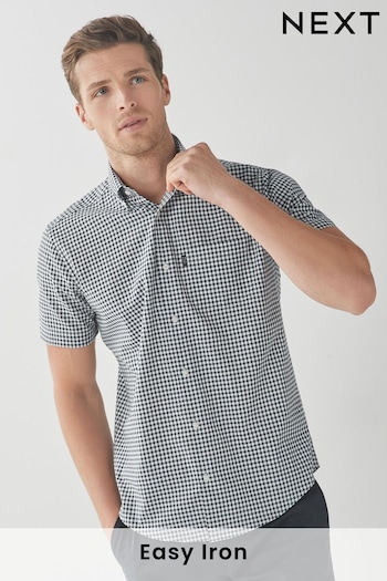 Navy Blue/White Gingham Regular Fit Short Sleeve Easy Iron Button Down Oxford Shirt (470815) | £20