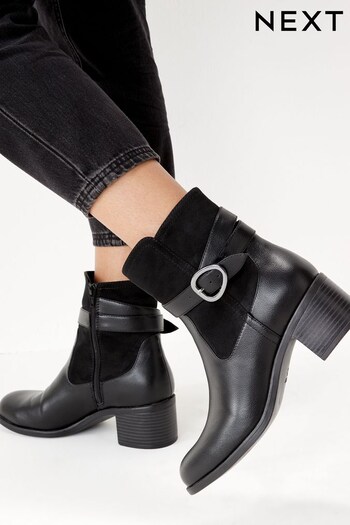 Black PU Regular/Wide Fit Forever Comfort Block Heel Buckle Boots (471265) | £45