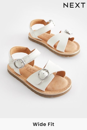 White Wide Fit (G) Leather Buckle Sandals greywhite (471456) | £20 - £22