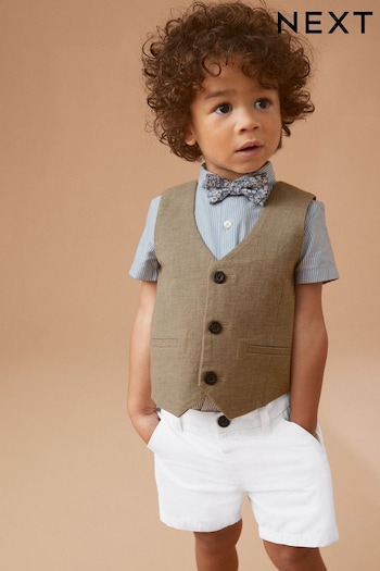 Tan Brown Waistcoat, cinzento Shirt, Short & Bow Tie Set (3mths-9yrs) (473464) | £35 - £41