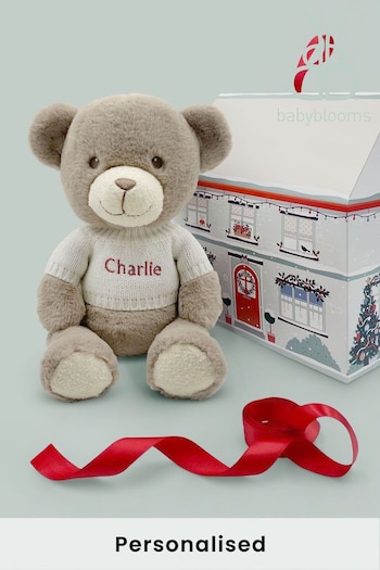 Babyblooms Personalised Charlie Bear With White Jumper In Christmas Box (475180) | £32