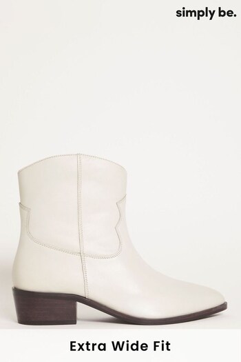 Simply Be Cream Soft Leather Western Ankle Boots In Extra Wide Fit (476663) | £59