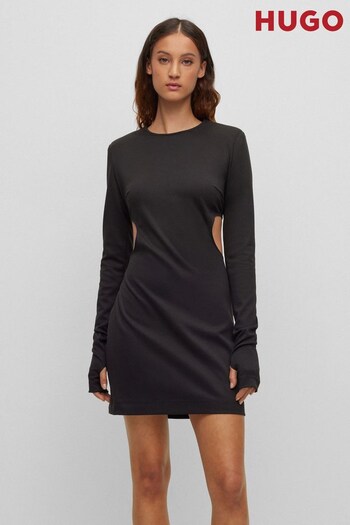 HUGO Long-Sleeved Jersey Black Dress with Side Cut-Outs (476856) | £239