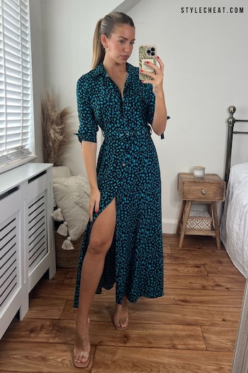 Style Cheat Teal Leopard Daphne Belted Shirt Midaxi Dress (477775) | £58