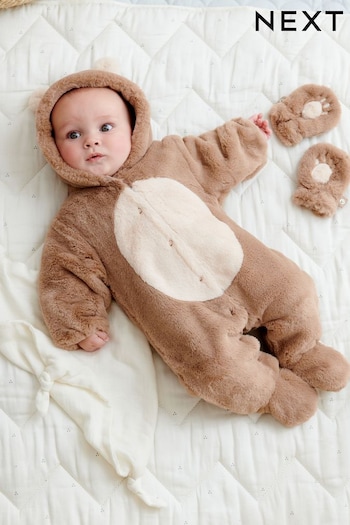 Brown Fleece Hooded Pramsuit with Detachable Mitts (0mths-2yrs) (478588) | £30 - £32