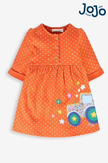 JoJo Maman Bébé Rust Orange Tractor Appliqué Button Front Dress (479468) | £22