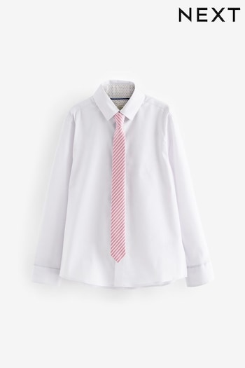 White/Pink Long Sleeve Shirt with Tie Set (3-16yrs) (480665) | £18 - £23