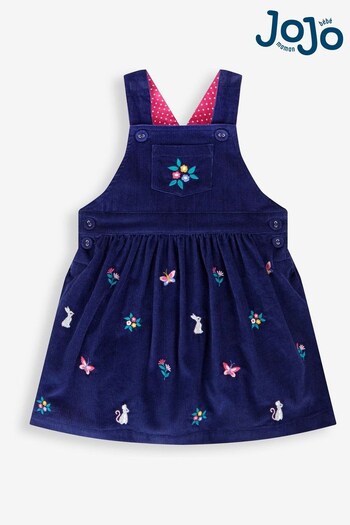 JoJo Maman Bébé Navy Girls' Mouse Floral Embroidered Cord Pinafore Dress (482087) | £26.50