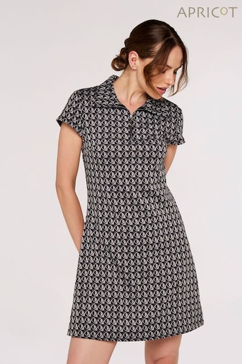 Apricot Grey & Black Retro Leaves Zip Collar Dress (482088) | £30