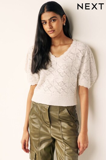Cream Crochet Knitted Short Sleeve Top (483256) | £38