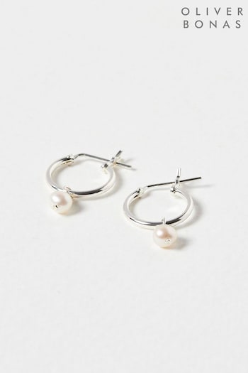 Oliver Bonas Nou Freshwater Pearl Silver Hoop White Earrings (483453) | £24