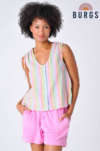 Burgs Yellow Cawsand Button Through Stripe V-Neck Vest Top with Shoulder Ties (484433) | £36