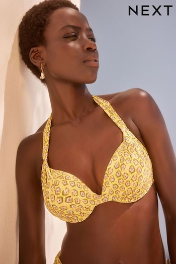 Lime Green Foil Woodblock Padded Shaping Wired Halter Bikini Top (485033) | £28