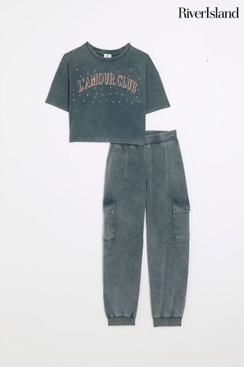 River Island Grey Girls Grey Washed T-Shirt Cargo Set (485259) | £30