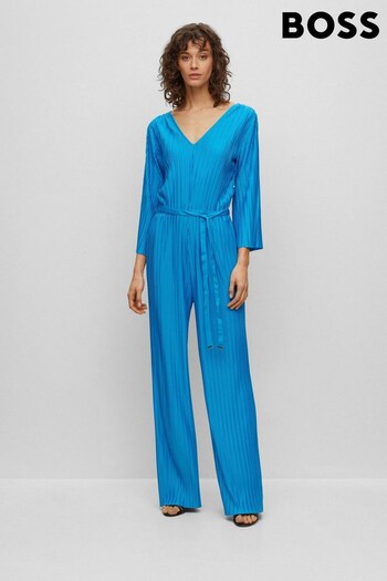 BOSS Blue Edacria Pleated V Neck Long Sleeve Jumpsuit (485411) | £289