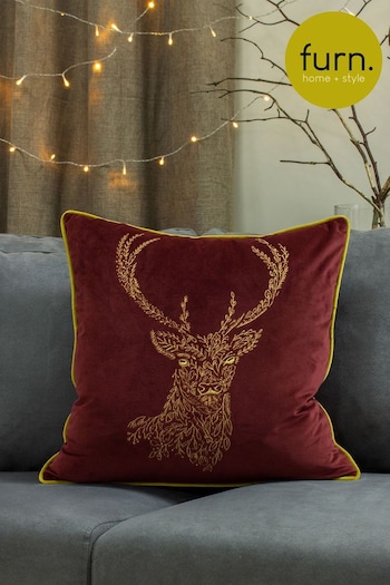 furn. Burgundy Red/Gold Forest Fauna Embroidered Polyester Filled Cushion (485823) | £19