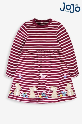 JoJo Maman Bébé Berry Pink Mouse Girls' Stripe Appliqué Dress (486035) | £19